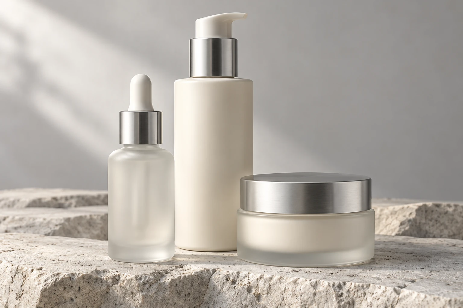 Frosted glass serum bottle, ivory lotion pump bottle and cosmetic cream jar with silver accents
