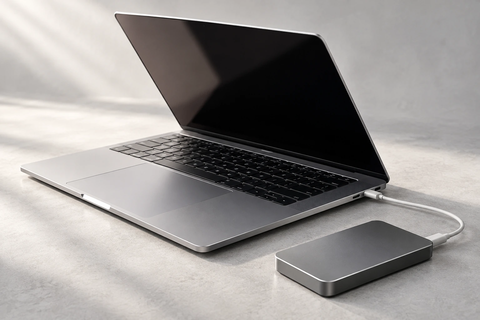 Silver laptop with an unlit screen and a compact external drive